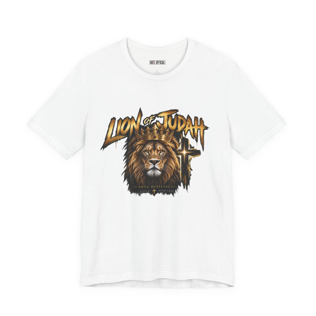 Lion of Judah — Faith Over Fear Christian T-shirt.  This AOTL design reminds you to face uncertainty with courage and choose faith over fear. 