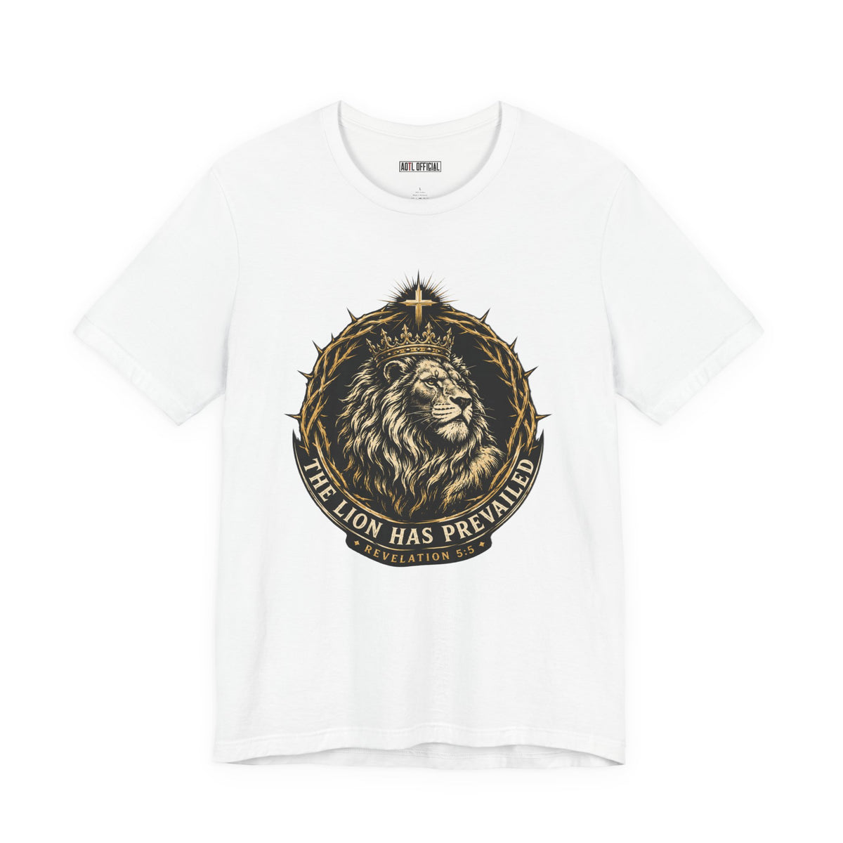 Lion of Judah The Lion Has Prevailed Christian T-shirt. Inspired by Revelation 5:5, this design is a reminder that your hope rests in the One who has overcome. 
