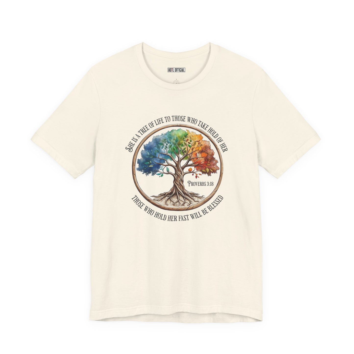 Colorful Tree Of Life featuring Proverbs 3:18  Unisex Short Sleeve Tee