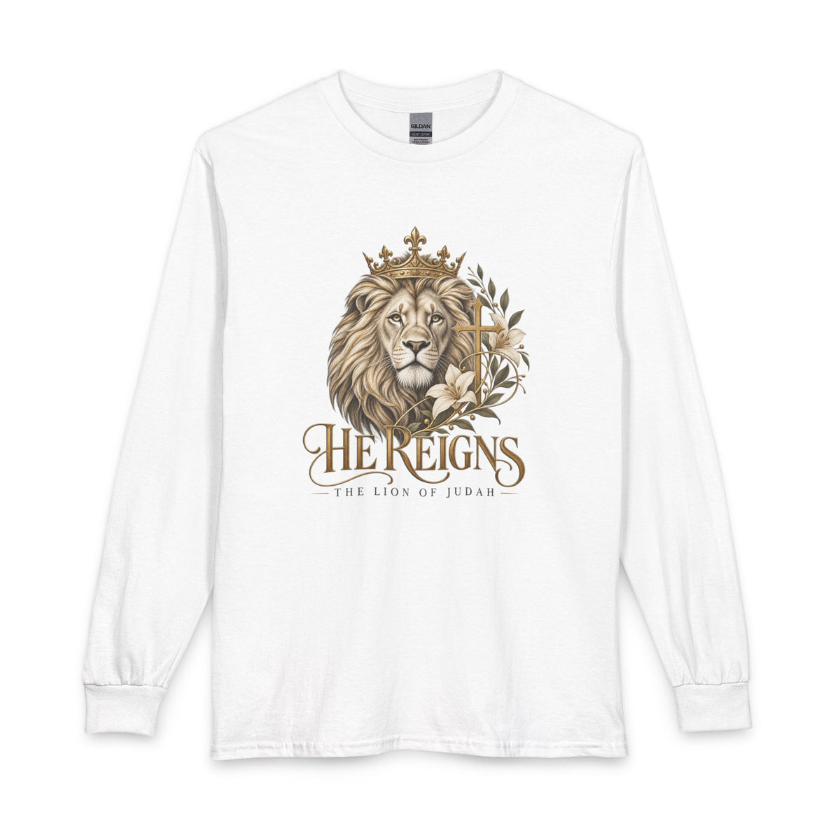 He Reigns Christian Long Sleeve Shirt.  This design celebrates the reign of Jesus and reminds you to walk confidently in the strength and peace of your King. 