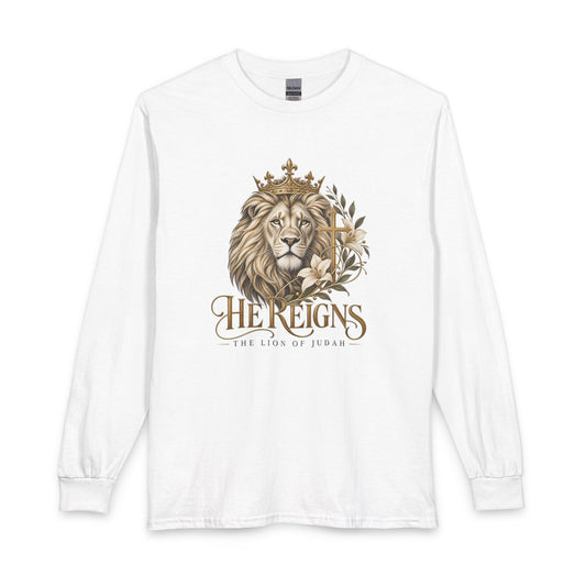 He Reigns Christian Long Sleeve Shirt.  This design celebrates the reign of Jesus and reminds you to walk confidently in the strength and peace of your King. 