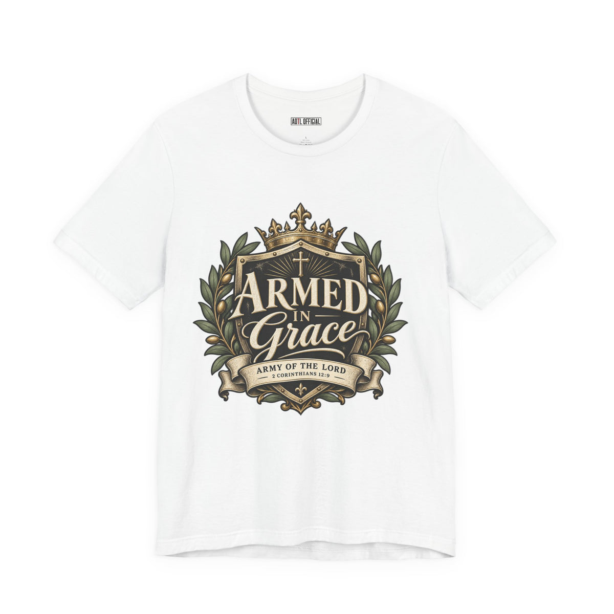 Army of the Lord — Armed in Grace Christian T-shirt. Inspired by 2 Corinthians 12:9, this design reminds you that His grace is sufficient.