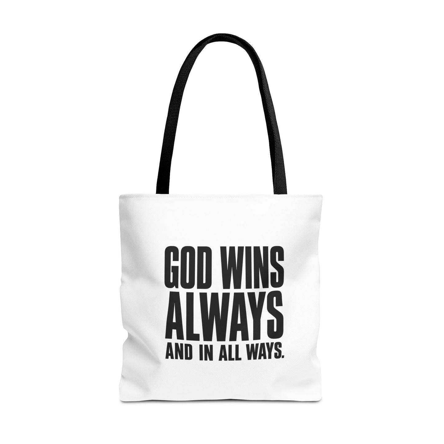 God Wins Always Christian tote bag faith-inspired design
