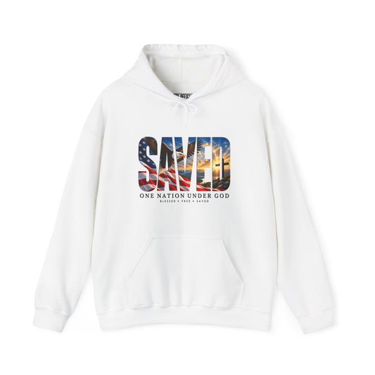 Saved-One Nation Under God Christian Hoodie. Express your faith and love of country with a soaring eagle, American flag, and sunlit cross.