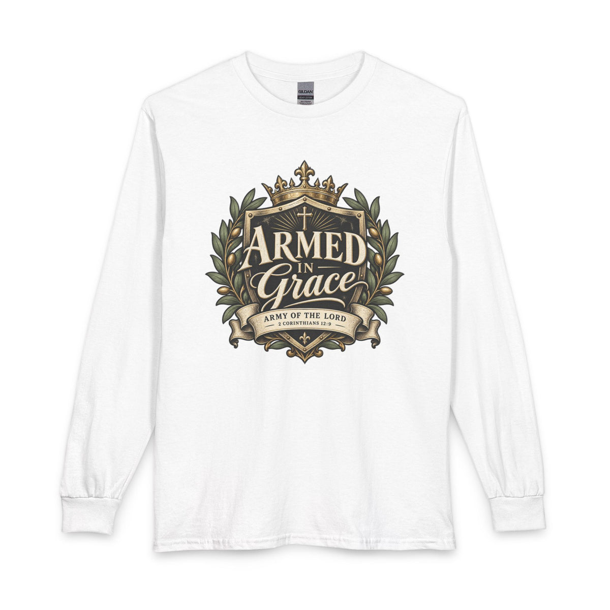 Armed in Grace Christian Shirt. Inspired by 2 Corinthians 12:9, this design reminds you that His grace is sufficient and His power shines through weakness. 