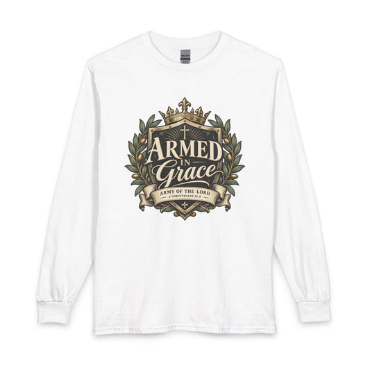Armed in Grace Christian Shirt. Inspired by 2 Corinthians 12:9, this design reminds you that His grace is sufficient and His power shines through weakness. 