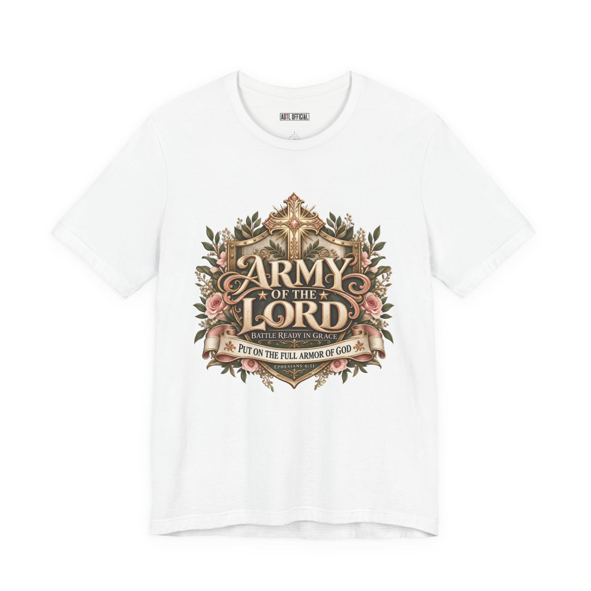 Battle Ready in Grace Christian T-shirt. Inspired by Ephesians 6:11, it encourages you to stand firm in faith, clothed in God’s armor and grounded in His grace.