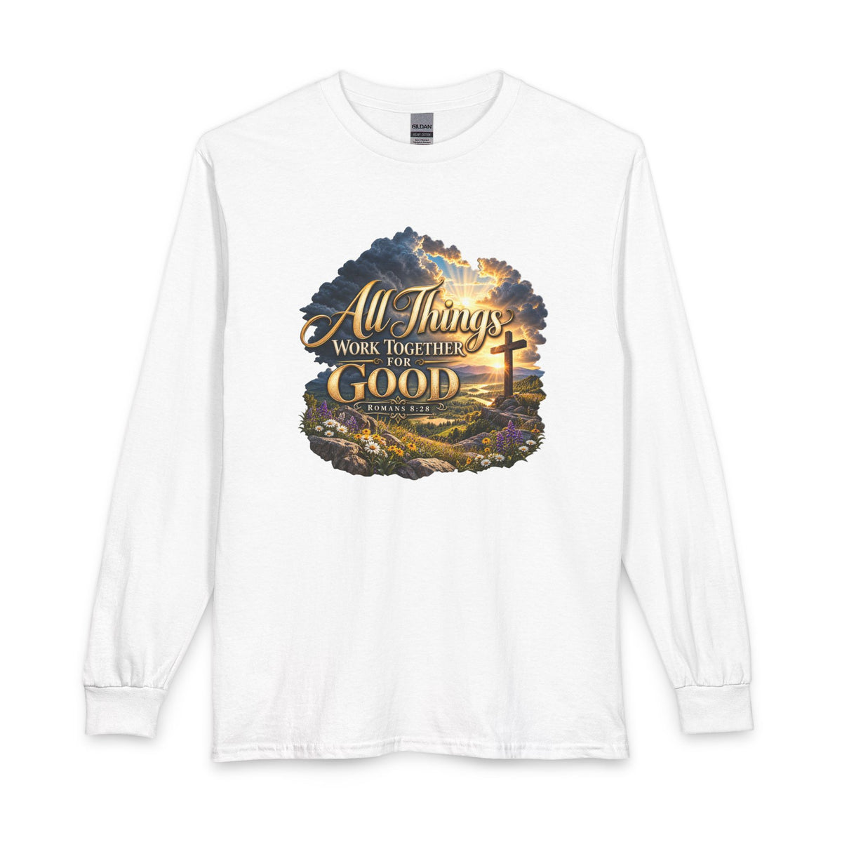 Shop the All Things Work Together for Good – Romans 8:28 Christian Long Sleeve Shirt,  inspired by Romans 8:28.