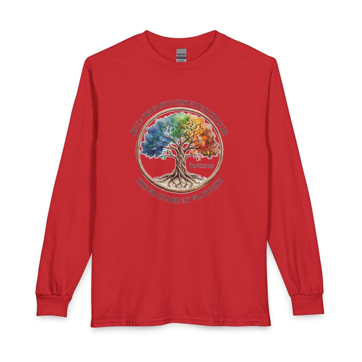 Colorful Tree Of Life featuring Proverbs 3:18 Christian Long Sleeve Shirt