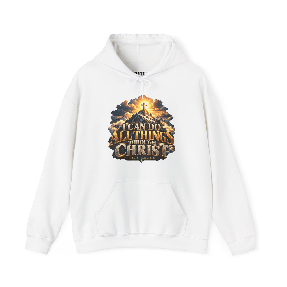 Shop the I Can Do All Things Through Christ – Philippians 4:13 Mountain Cross Design Christian Hoodie.