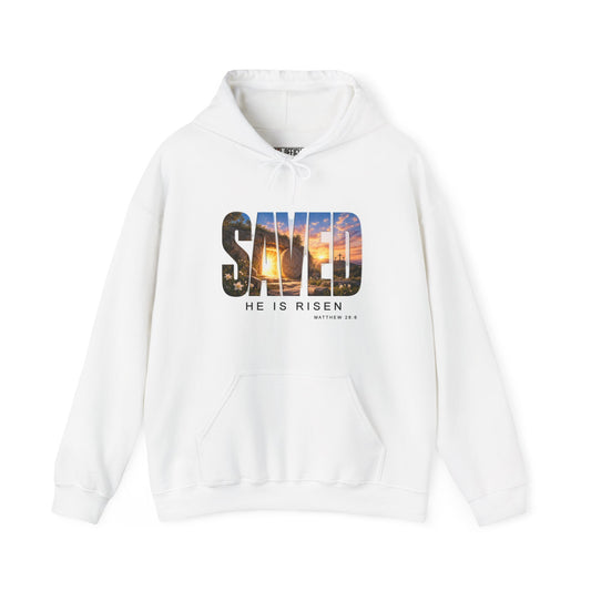 Saved-He Is Risen Christian Hoodie. Celebrate the hope of the resurrection with an empty tomb, golden sunrise, and bold “SAVED” lettering.