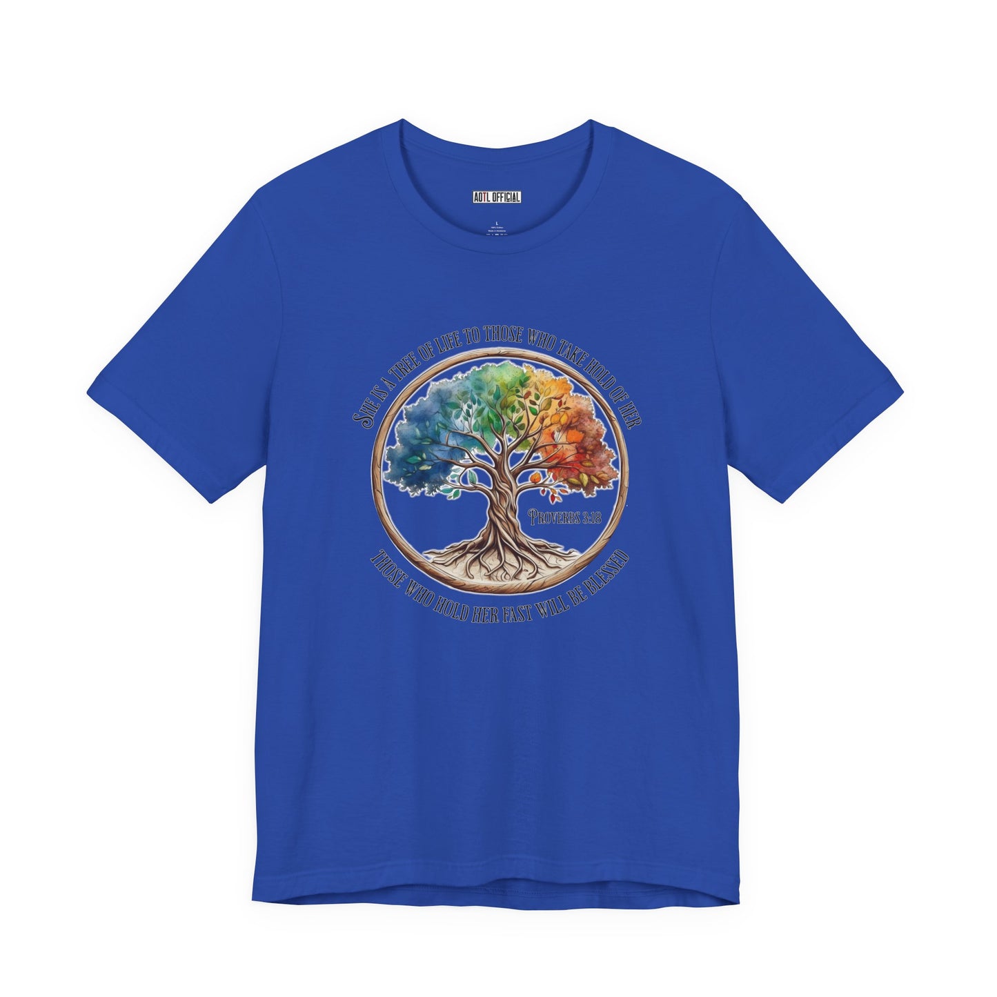 Colorful Tree Of Life featuring Proverbs 3:18  Unisex Short Sleeve Tee