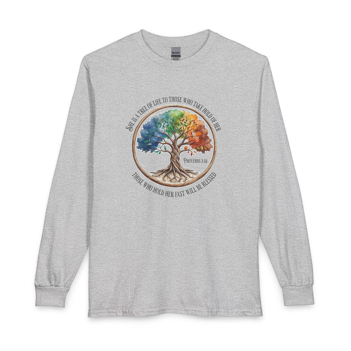 Colorful Tree Of Life featuring Proverbs 3:18 Christian Long Sleeve Shirt