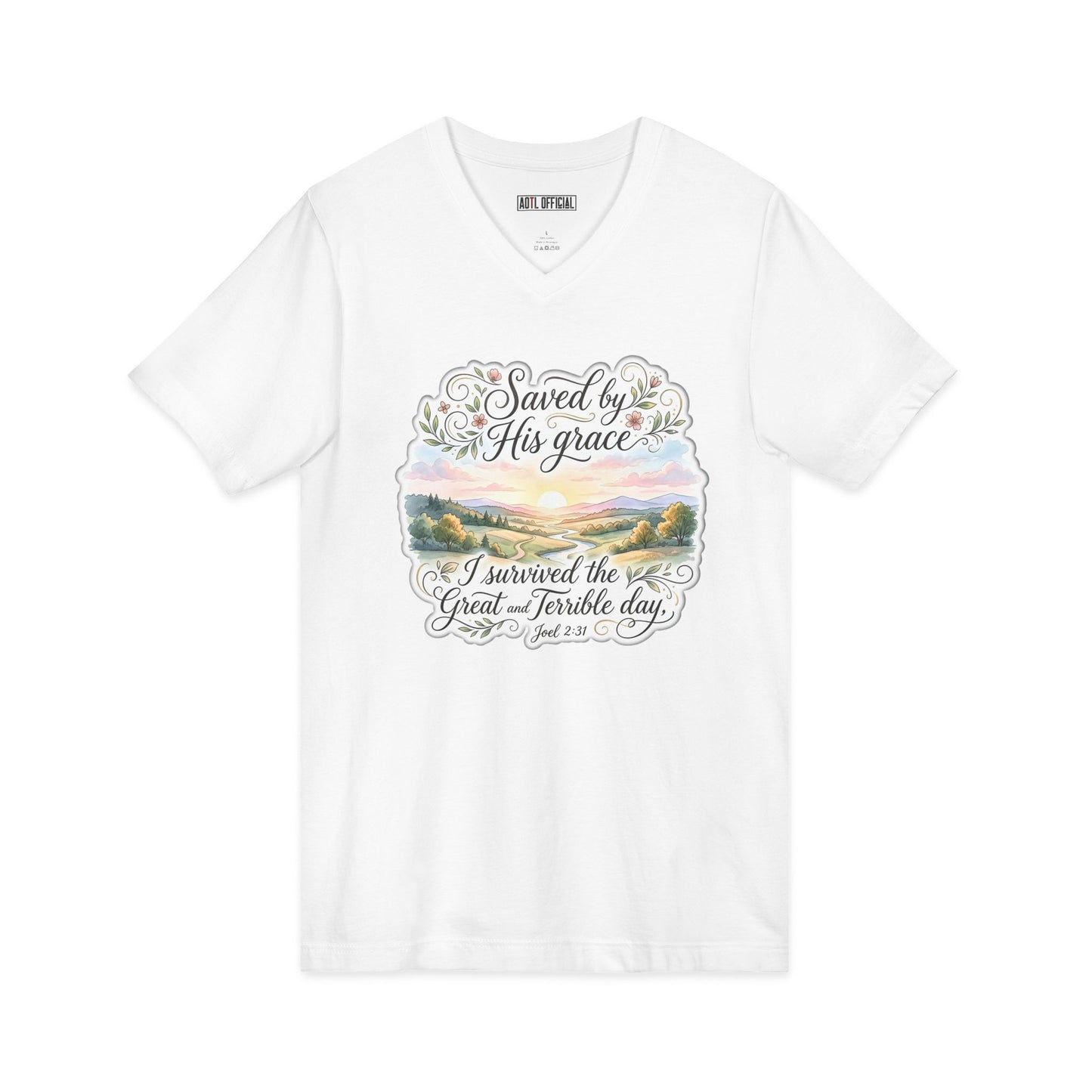 Grace Beyond the Horizon – I Survived the Great and Terrible Day (Joel 2:31) V-Neck Tee