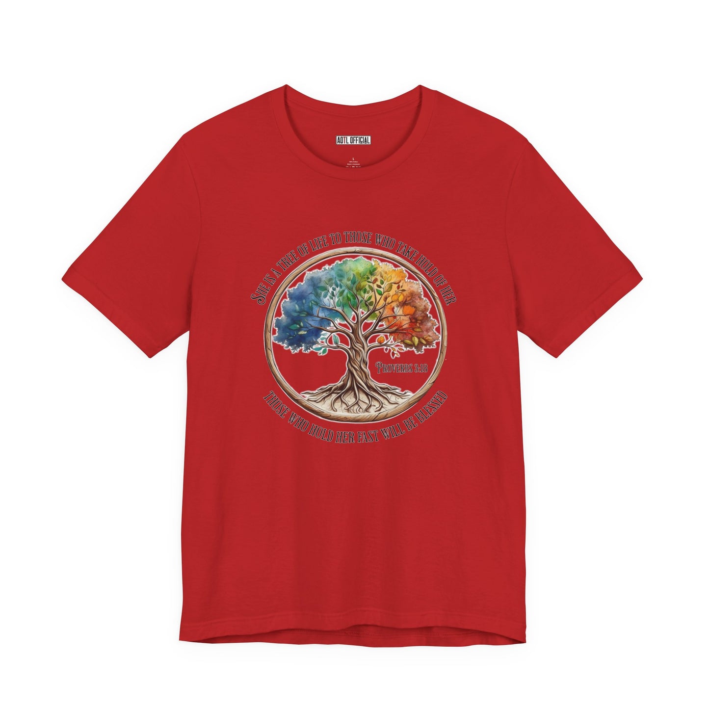 Colorful Tree Of Life featuring Proverbs 3:18  Unisex Short Sleeve Tee
