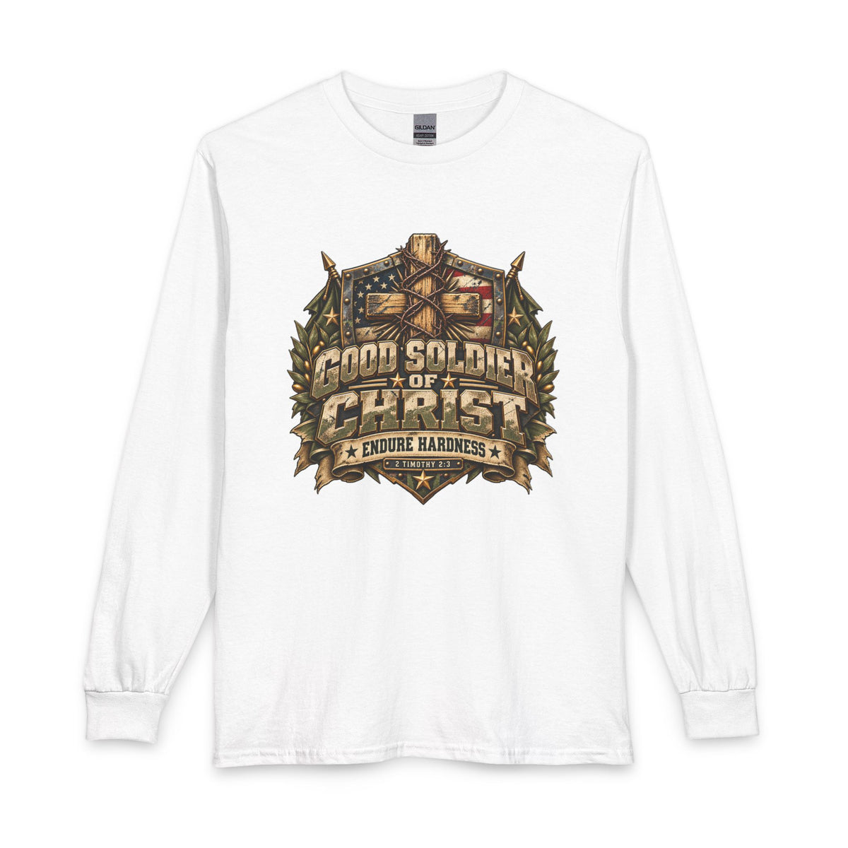 Good Soldier of Christ Christian shirt. Inspired by 2 Timothy 2:3, it calls you to persevere through hardship and remain steadfast in your commitment to Christ.