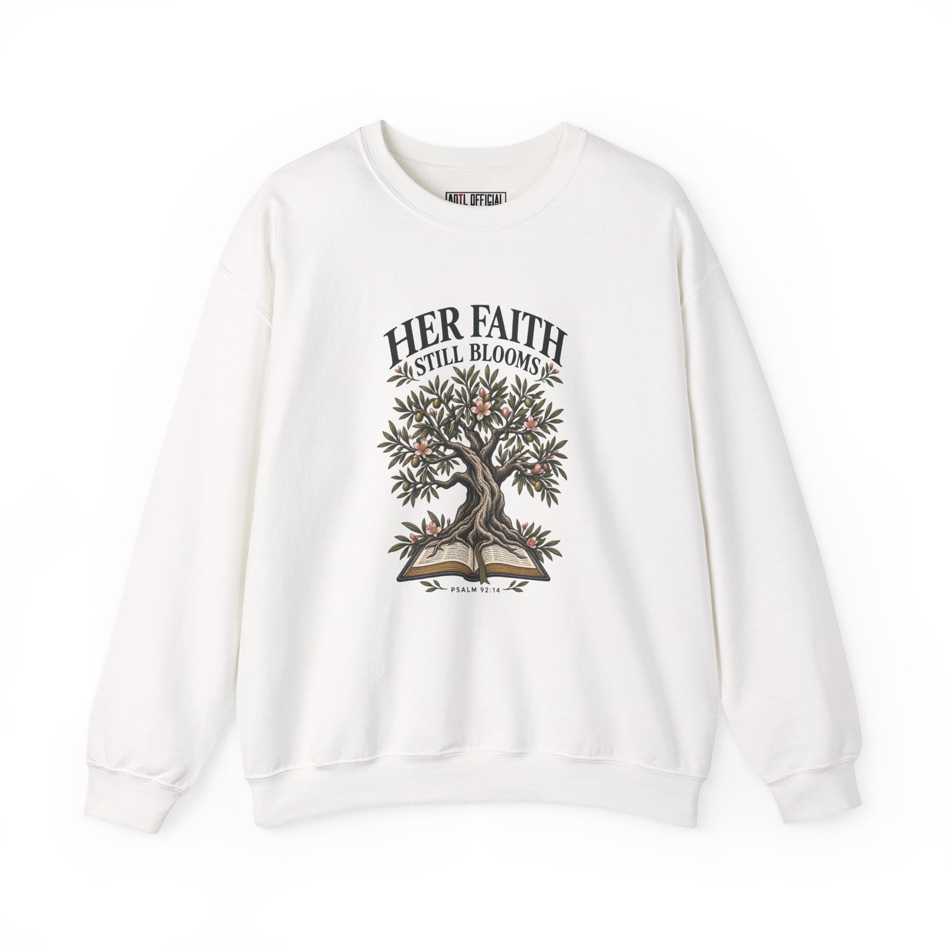 Shop the Her Faith Still Blooms Christian Sweatshirt. A graceful celebration of enduring faith, inspired by Psalm 92:14. 