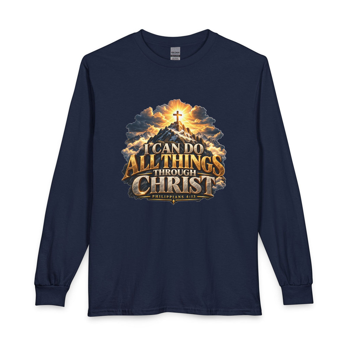 I Can Do All Things Through Christ – Philippians 4:13 Mountain Cross Design Christian Long Sleeve Shirt