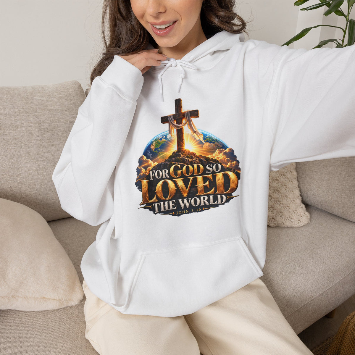 For God So Loved the World – John 3:16 Cross Design Christian Hoodie
