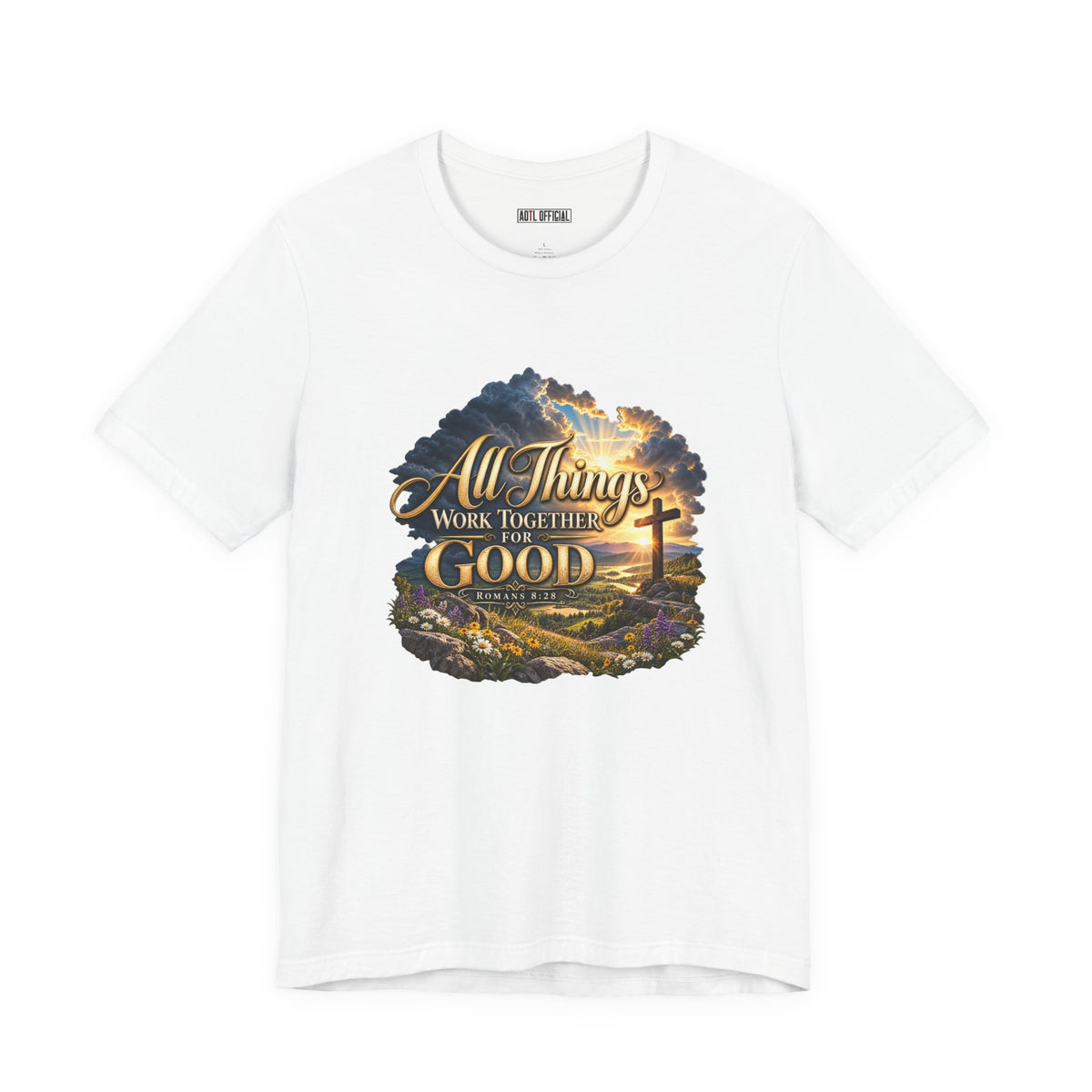 A stunning Christian landscape design featuring dramatic clouds, golden sunlight, a wooden cross, and colorful wildflowers. Inspired by Romans 8:28.
