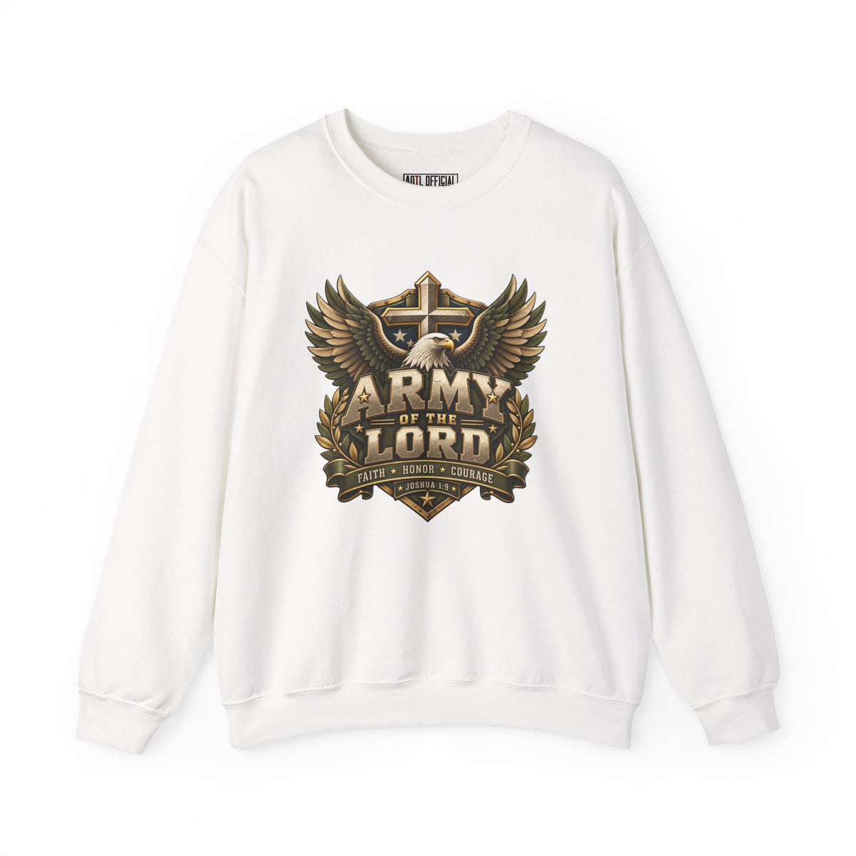 Army of the Lord — Faith, Honor & Courage Christian Sweatshirt. A powerful eagle, gold cross, and olive-toned shield create a bold emblem of faith.