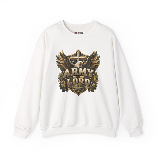 Army of the Lord — Faith, Honor & Courage Christian Sweatshirt. A powerful eagle, gold cross, and olive-toned shield create a bold emblem of faith.