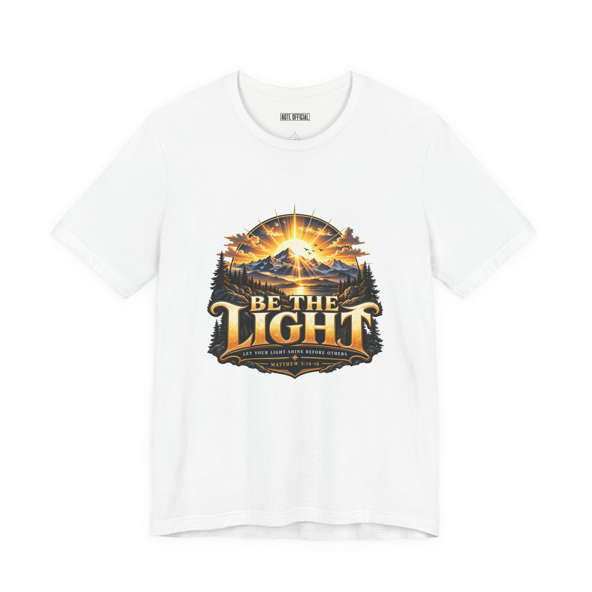 An uplifting faith-based design featuring a brilliant sunrise over majestic mountains with the message “Be the Light.” Inspired by Matthew 5:14–16.