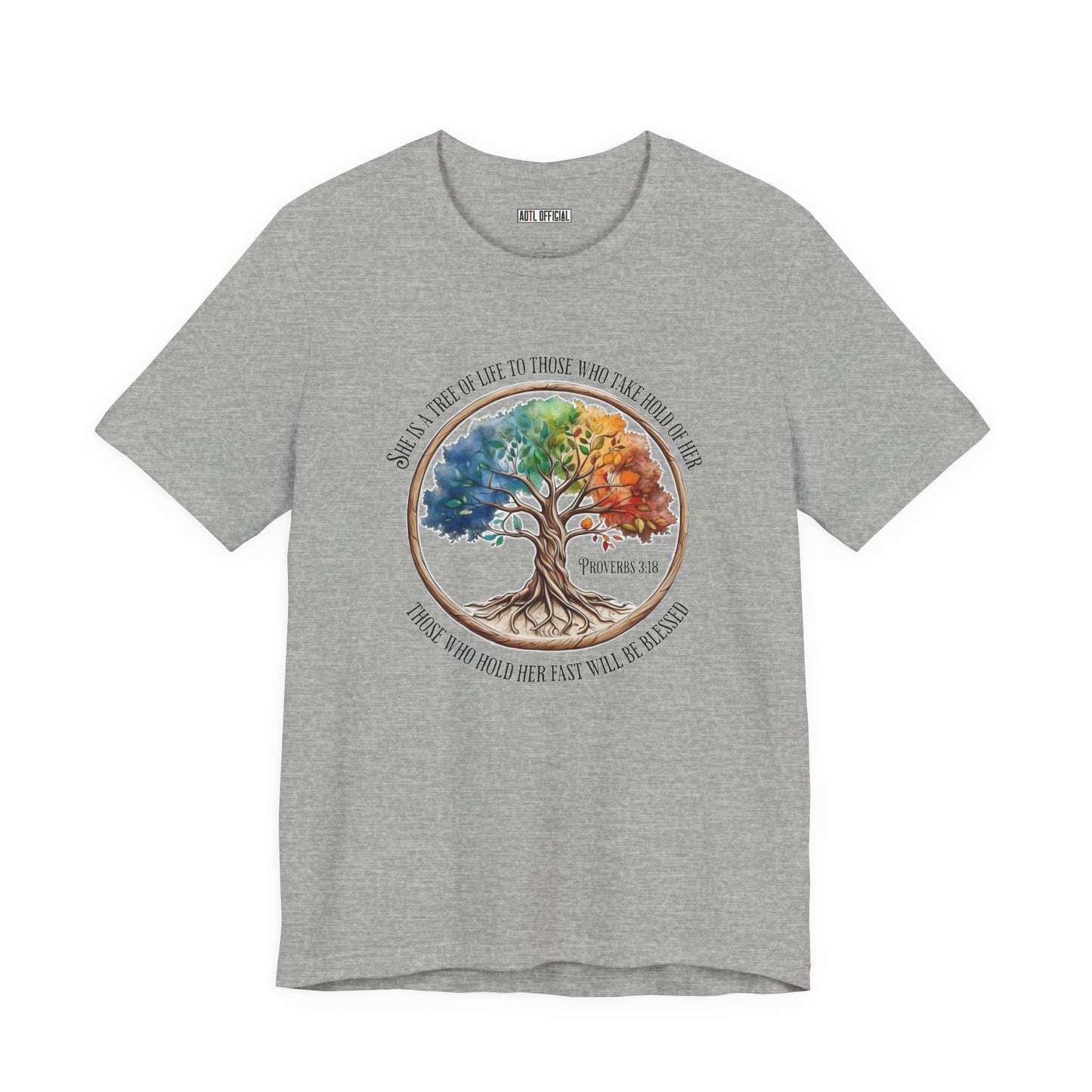 Colorful Tree Of Life featuring Proverbs 3:18  Unisex Short Sleeve Tee