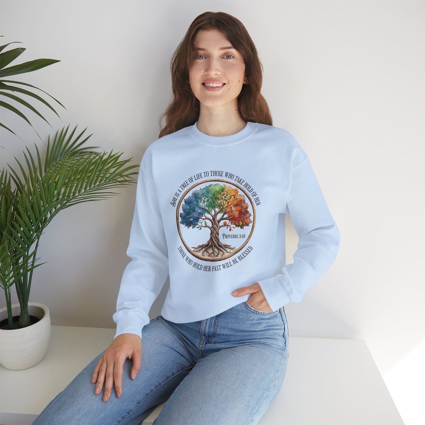Colorful Tree of Life featuring Proverbs 3:18 Unisex Heavy Blend™ Crewneck Sweatshirt