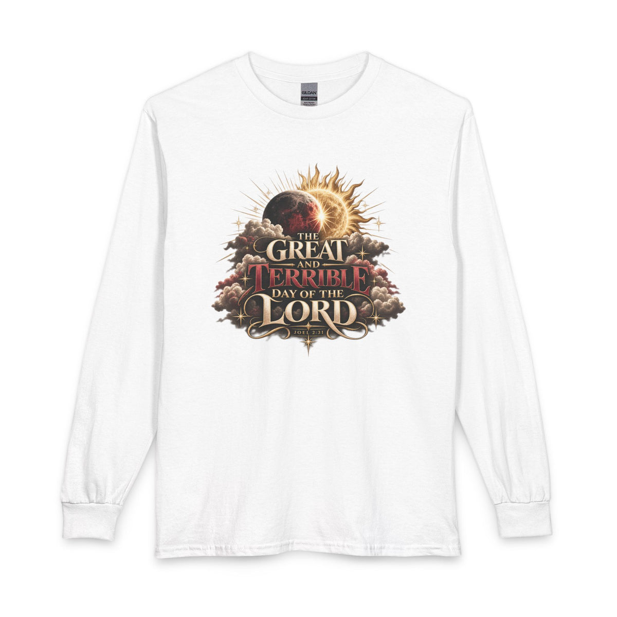 The Great and Terrible Day — Joel 2:31 Christian Long Sleeve Shirt. Striking celestial imagery brings the prophecy of Joel 2:31 to life. 