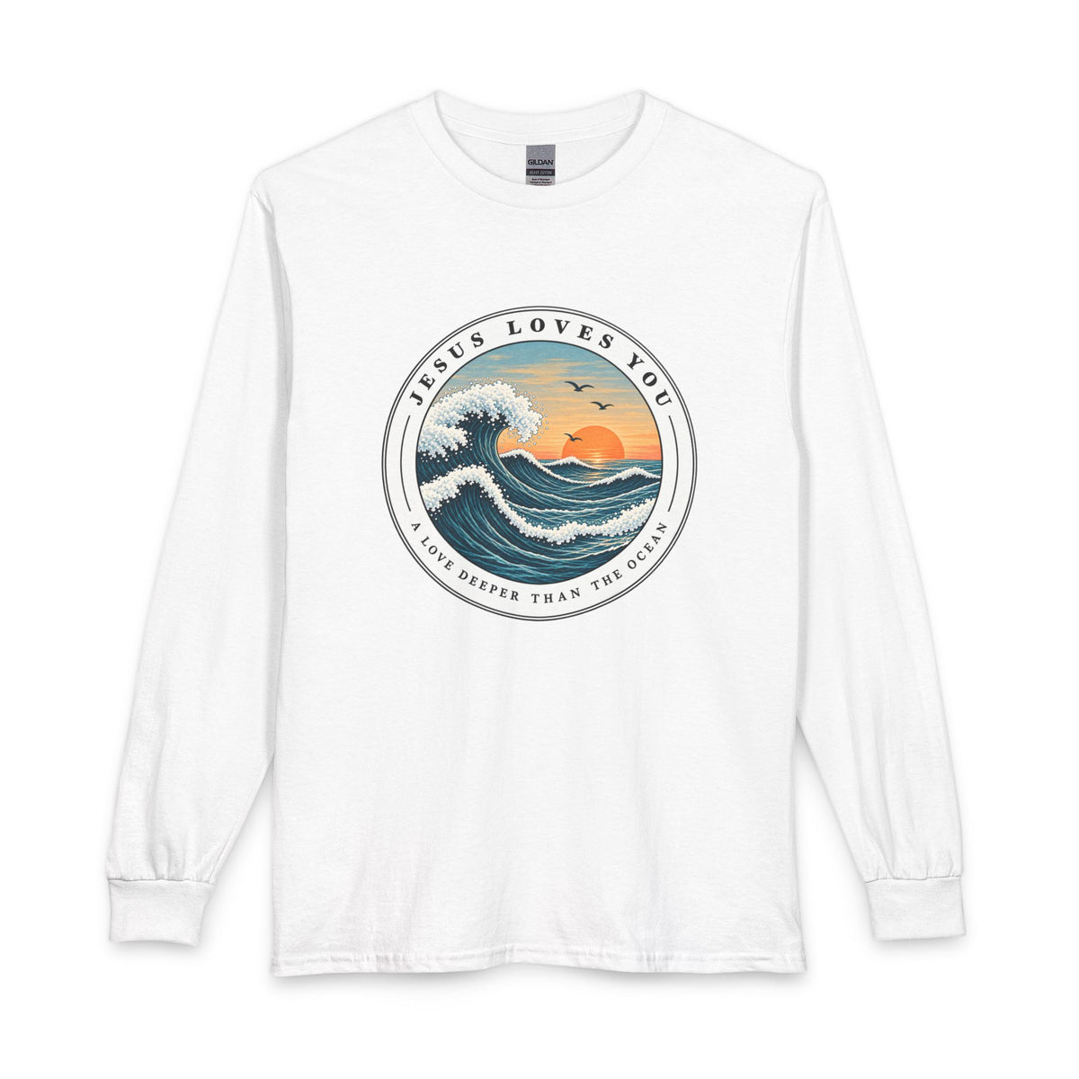 Shop the Jesus Loves You — A Love Deeper Than the Ocean Christian Long Sleeve Shirt. A peaceful reminder of the endless love of Jesus Christ. 