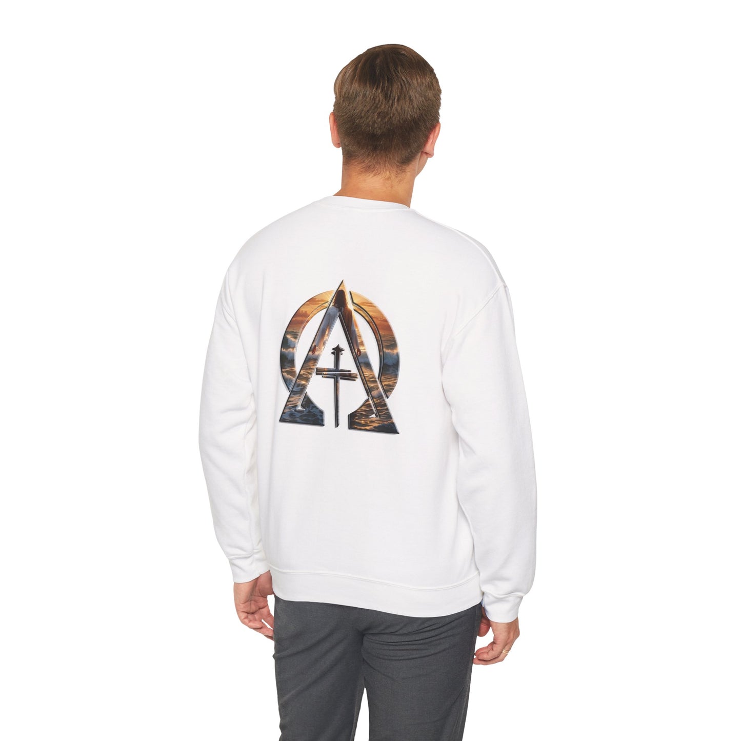 Declaring Your Destiny Blue & Gold Logo/ Alpha & Omega Jesus walking On Water Unisex Heavy Blend™ Crewneck Sweatshirt