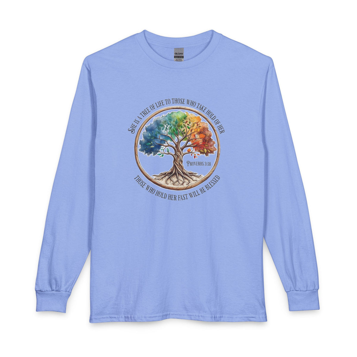 Colorful Tree Of Life featuring Proverbs 3:18 Christian Long Sleeve Shirt