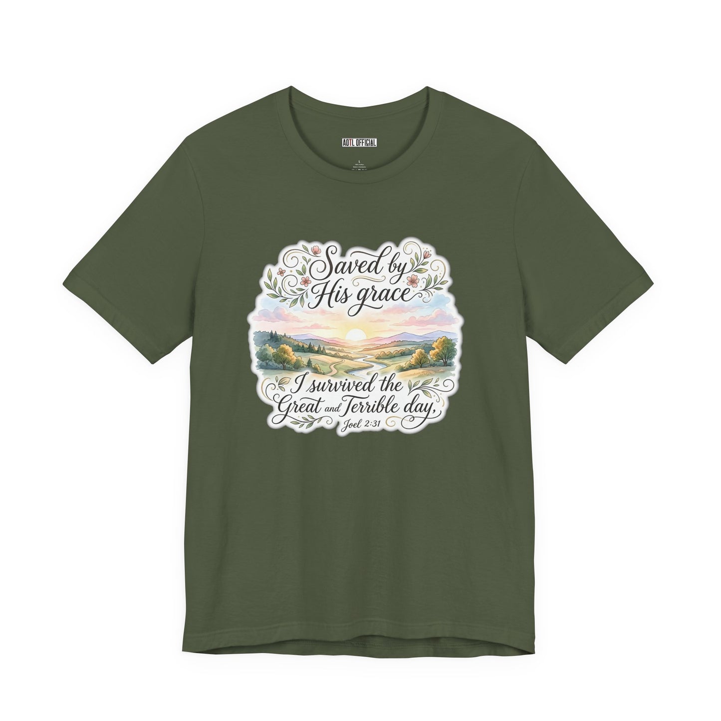 Grace Beyond the Horizon – I Survived the Great and Terrible Day (Joel 2:31) Unisex Short Sleeve Tee