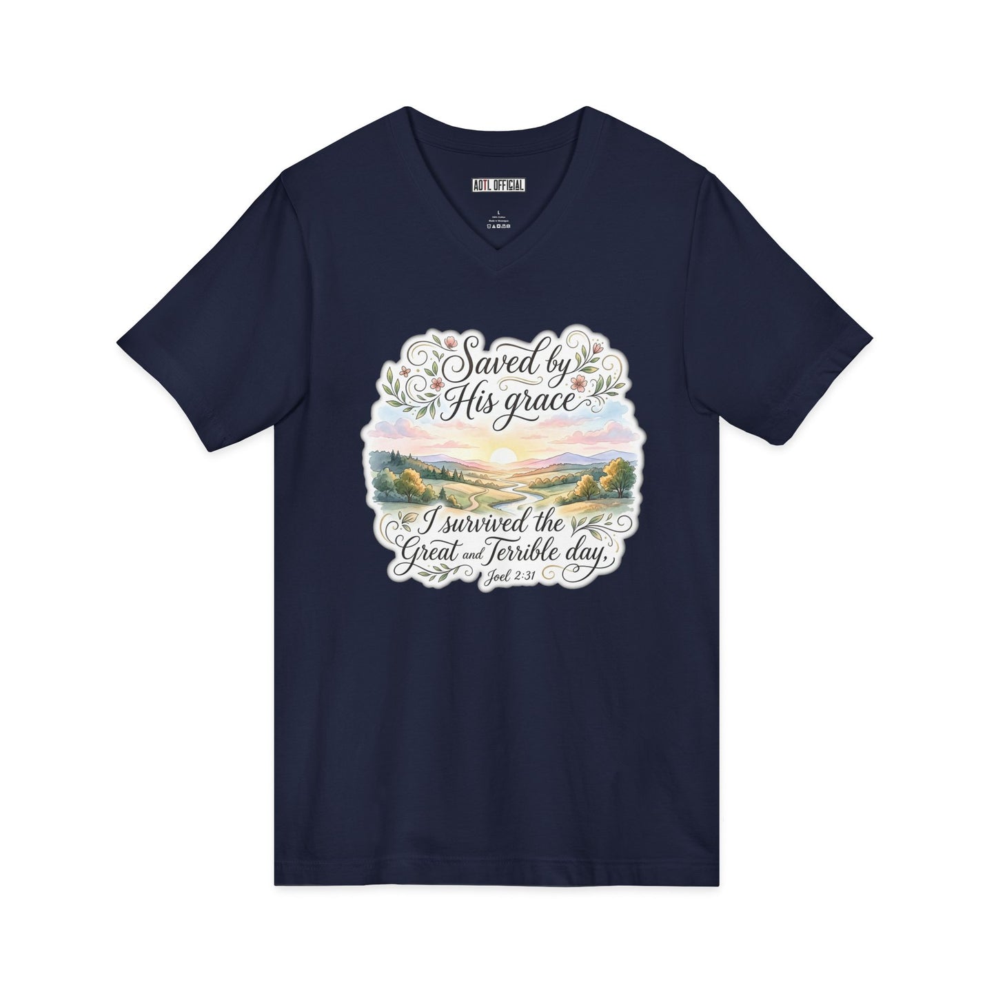 Grace Beyond the Horizon – I Survived the Great and Terrible Day (Joel 2:31) V-Neck Tee