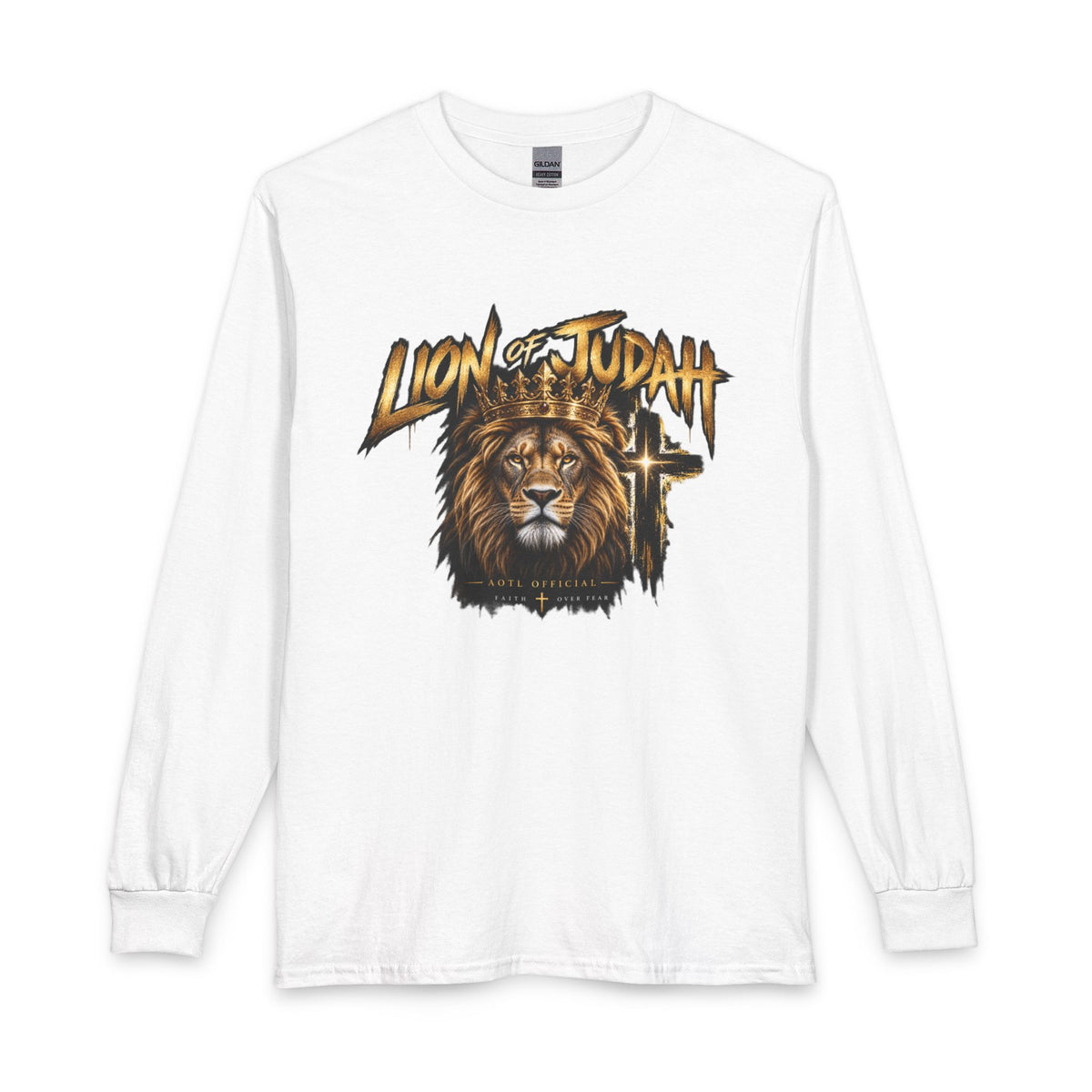 Lion of Judah — Faith Over Fear Christian Long Sleeve Shirt.  This AOTL design reminds you to face uncertainty with courage and choose faith over fear.