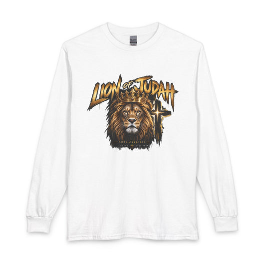 Lion of Judah — Faith Over Fear Christian Long Sleeve Shirt.  This AOTL design reminds you to face uncertainty with courage and choose faith over fear.