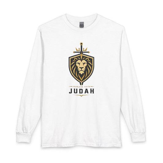 Shop the Judah — Fearless Faith Christian Long Sleeve Shirt. Wear a statement of fearless faith, rooted in the strength and authority of the Lion of Judah.