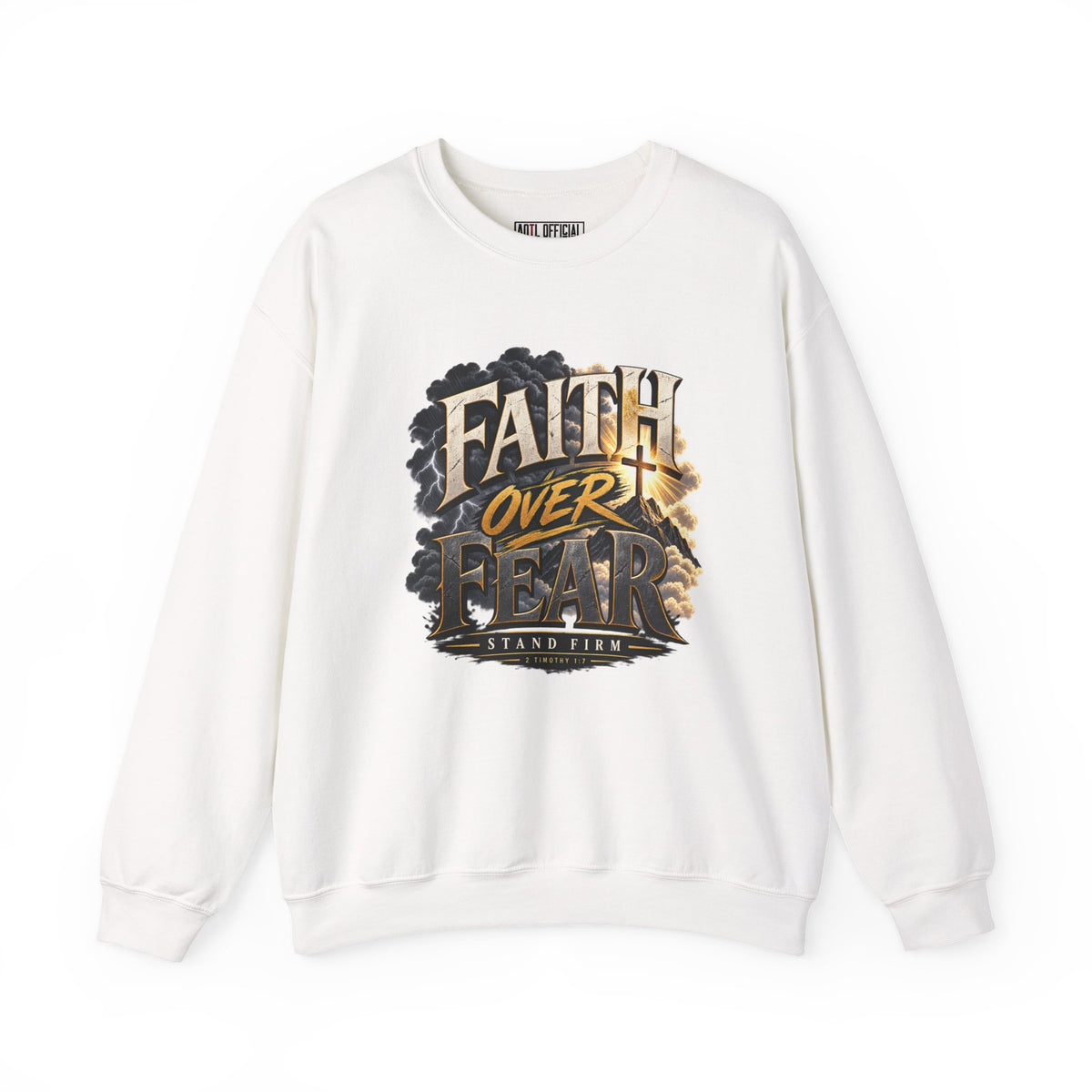 Shop the Faith Over Fear – Stand Firm Christian Sweatshirt. Inspired by 2 Timothy 1:7, a bold declaration for anyone choosing faith in the face of uncertainty. 