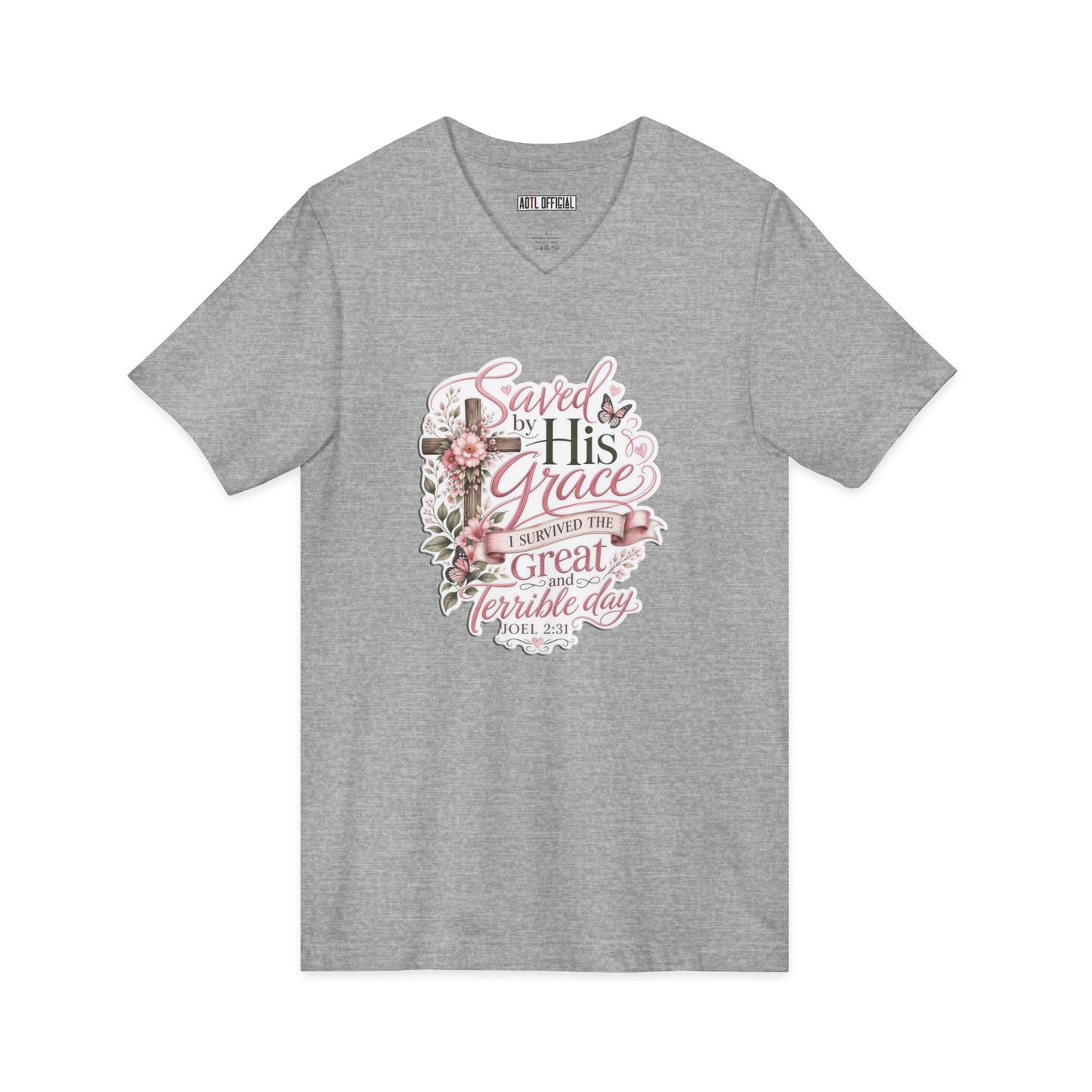 Grace in Bloom – I Survived the Great and Terrible Day (Joel 2:31)  V-Neck Tee