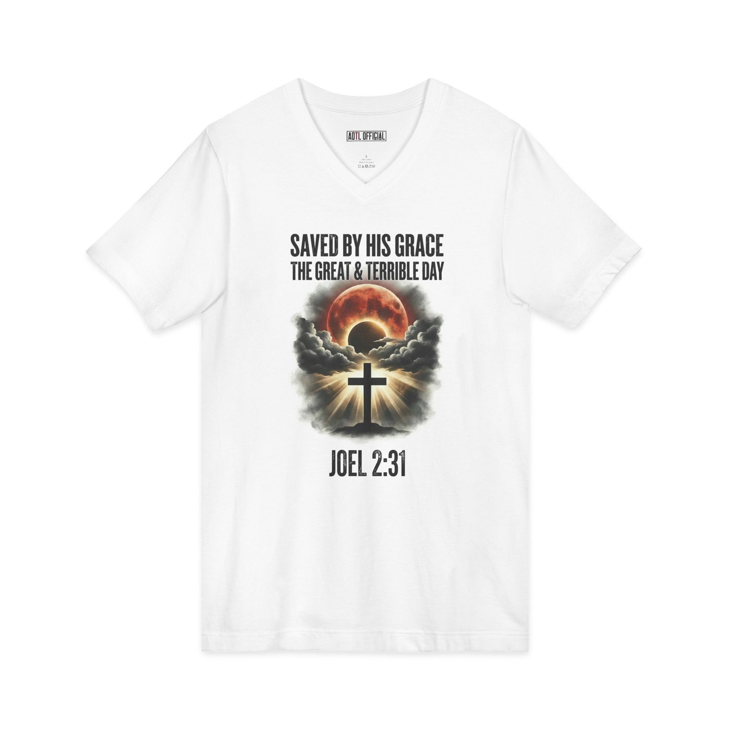 Saved by His Grace – The Great and Terrible Day (Joel 2:31) V-Neck Tee