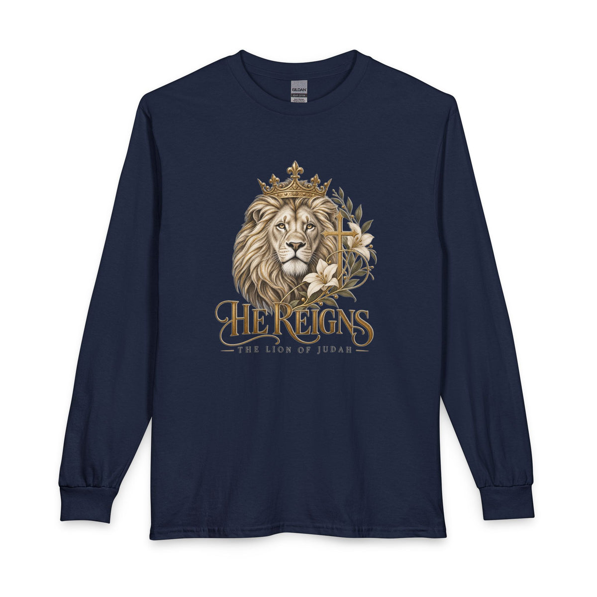 Lion of Judah — He Reigns Christian Long Sleeve Shirt