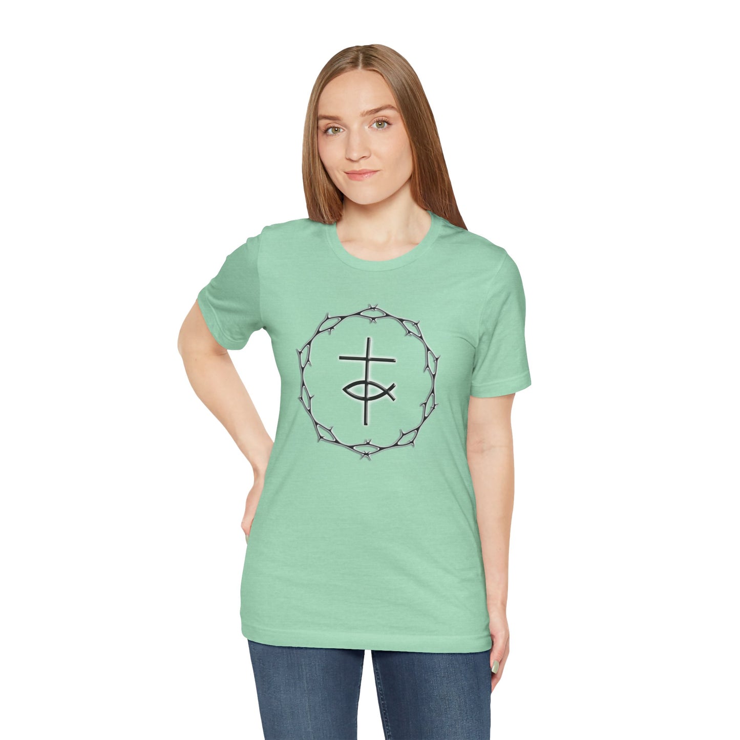 Circle of Thorns & Cross with Fish Unisex Jersey Short Sleeve Tee
