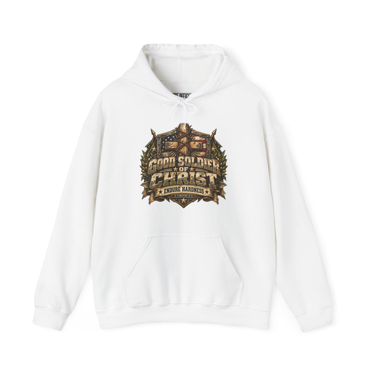 Good Soldier of Christ — Endure Hardness Christian Hoodie. A weathered shield, American flag, and thorn-wrapped cross give this design its rugged character. 