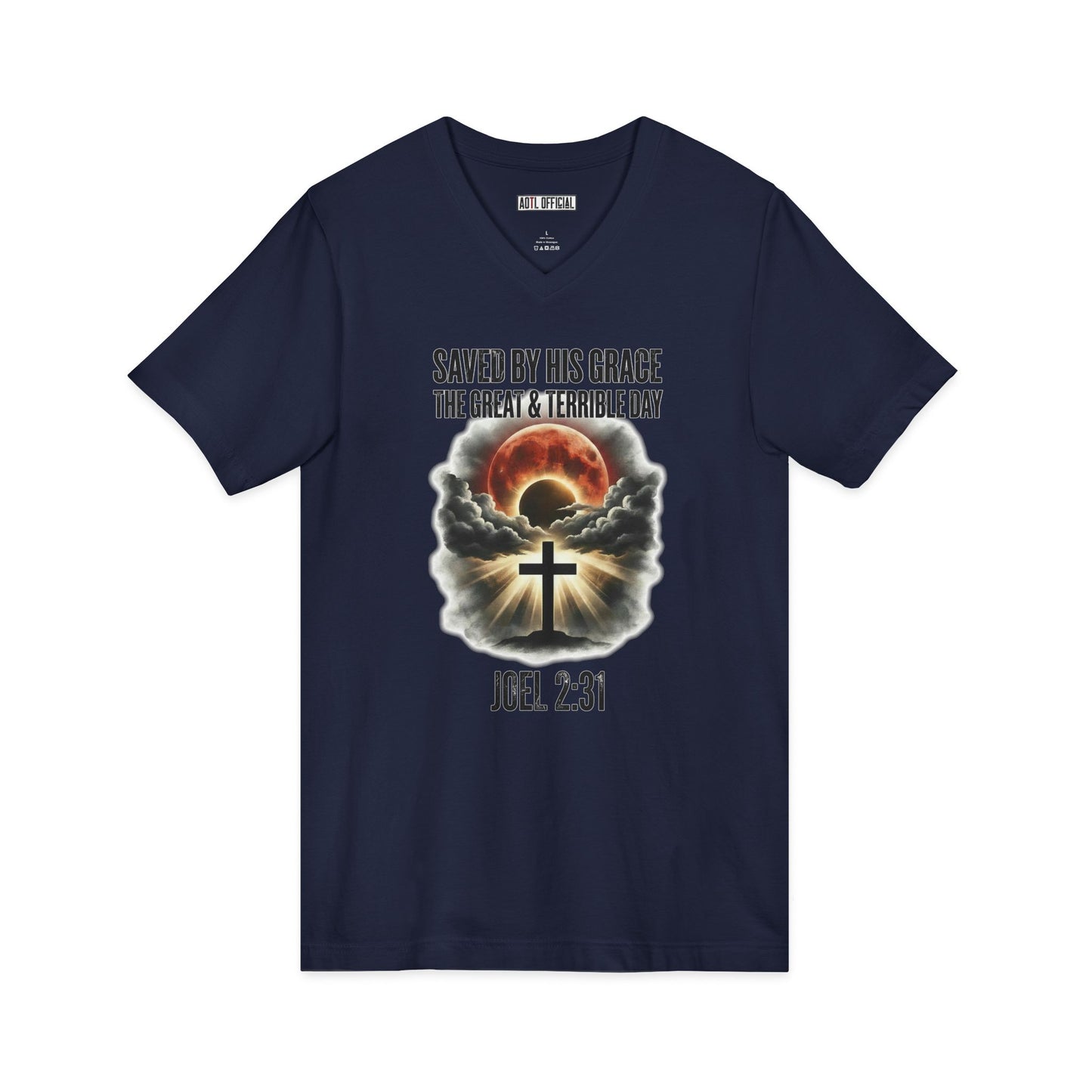 Saved by His Grace – The Great and Terrible Day (Joel 2:31) V-Neck Tee