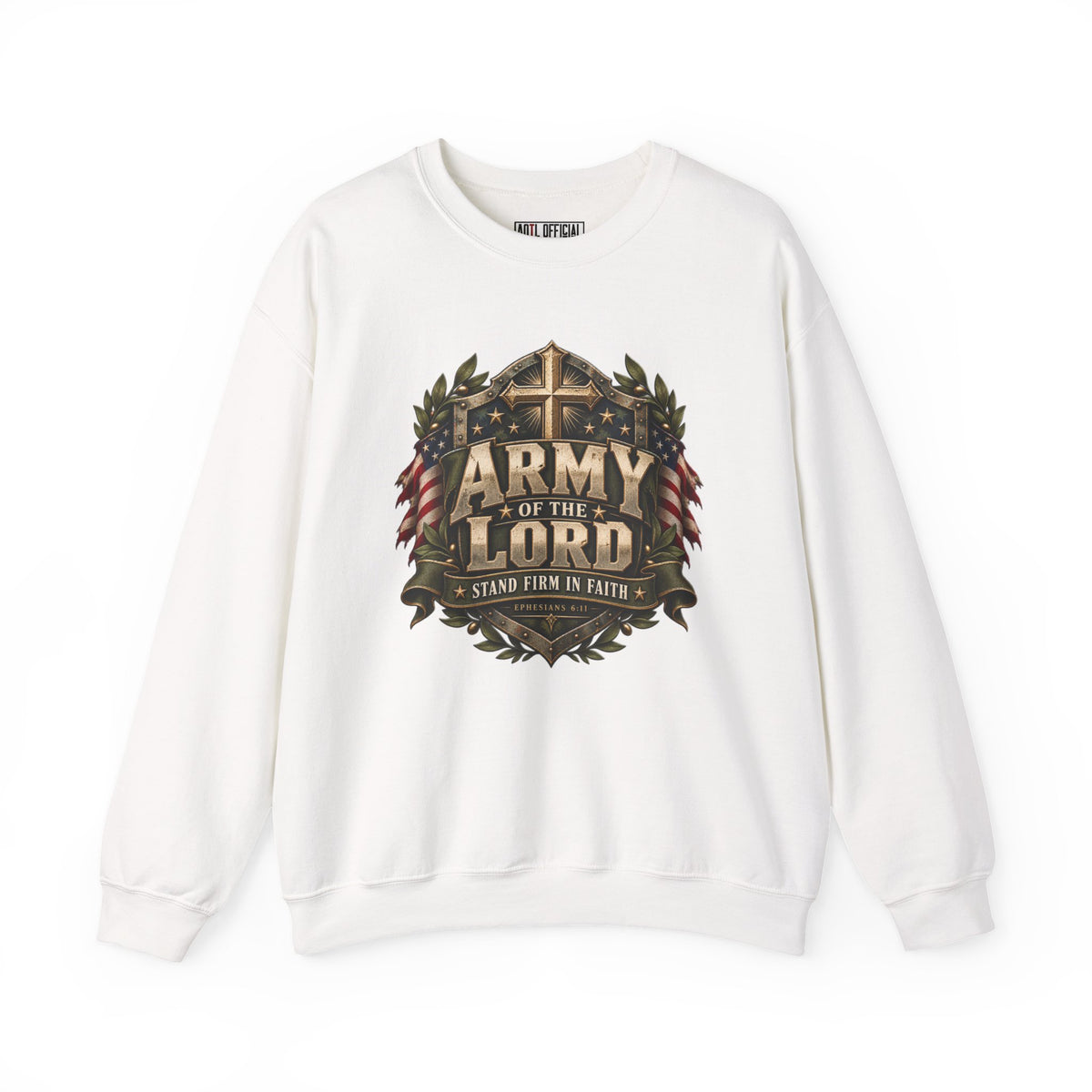 Stand Firm in Faith Christian Sweatshirt. A weathered shield, gold cross, and American flags unite in a bold expression of faith and patriotism. 