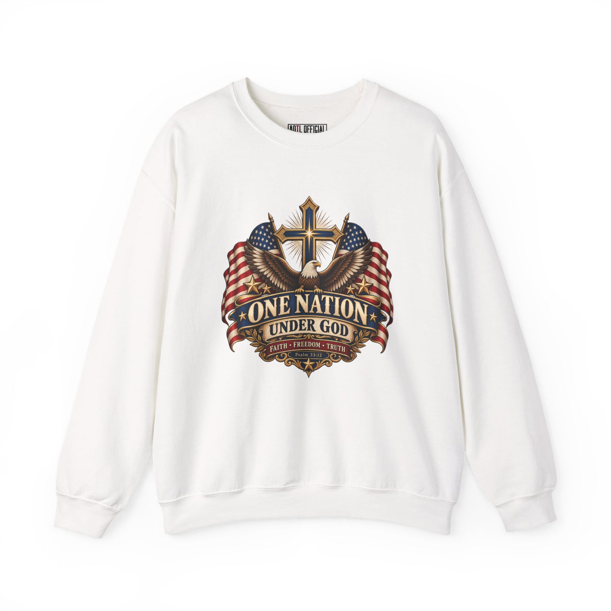 Faith, Freedom & Truth Christian Sweatshirt. American flags, a bold eagle, and a radiant cross unite in this striking expression of faith and patriotism. 