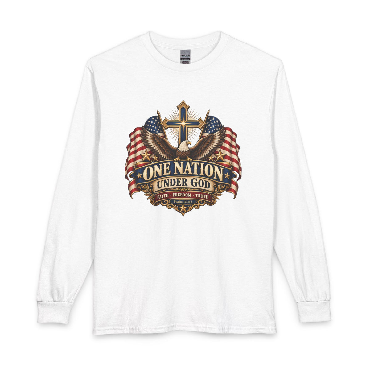 One Nation Under God —Christian Long Sleeve Shirt.  Inspired by Psalm 33:12, this design celebrates love of country and a heart rooted in God. 