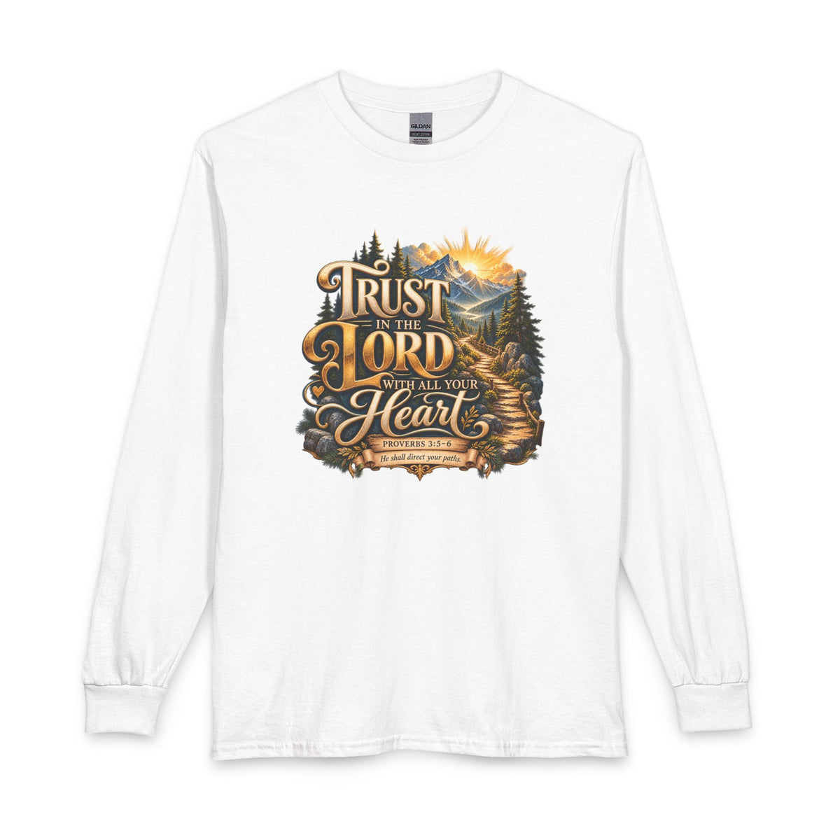 Shop the Trust in the Lord With All Your Heart – Proverbs 3:5-6 Mountain Path Design Christian Long Sleeve Shirt, inspired by Proverbs 3:5–6.