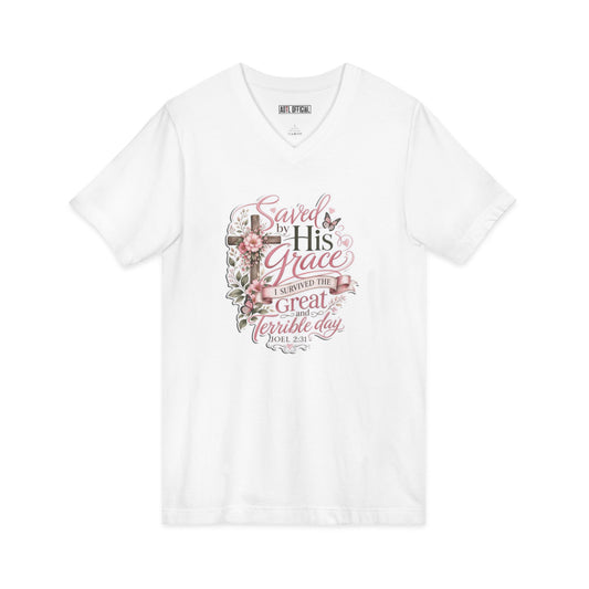 Grace in Bloom – I Survived the Great and Terrible Day (Joel 2:31)  V-Neck Tee